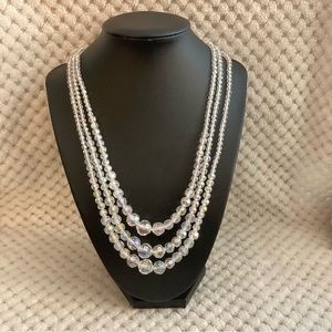 White Mystic Color Glass Beaded 3 Row Necklace 20-22 inches in Silvertone